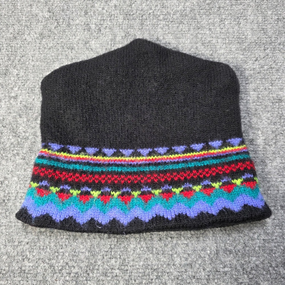 Merkley Headgear Black Wool Fair Isle Knit Beanie Hat Vail‎ USA 100% Virgin Wool